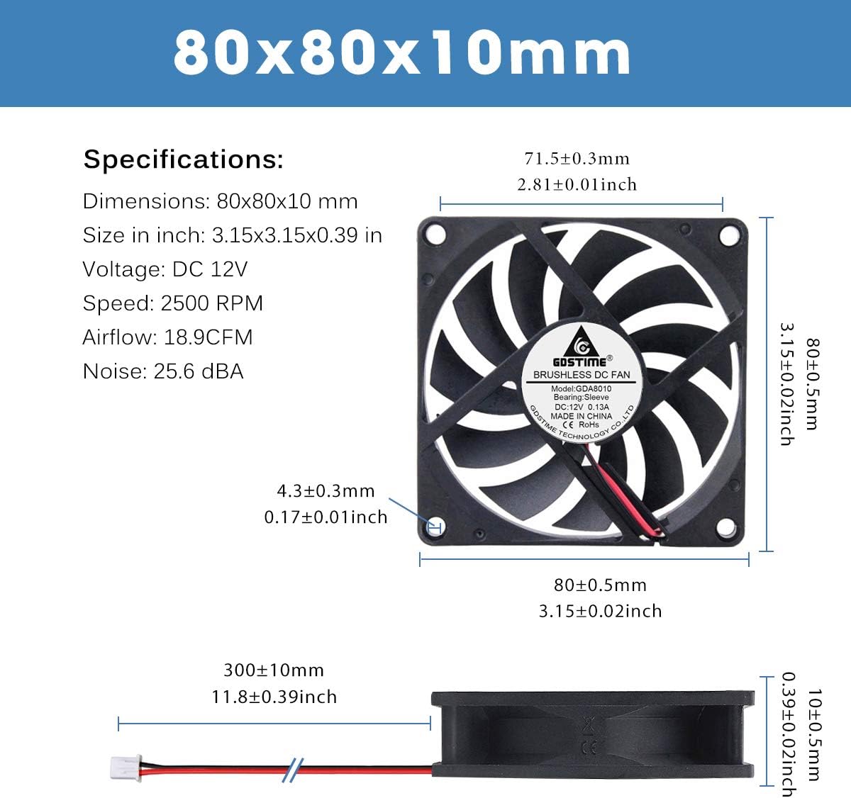 GDSTIME 2 x 80mm Fan 12V Cooling Fan 80mm 10mm Computer Fans 2500 RPM 2Pin Axial Cooling For PC Game Console Router Cabinet DVR Exhaust Ventilation Replacement - Image 3