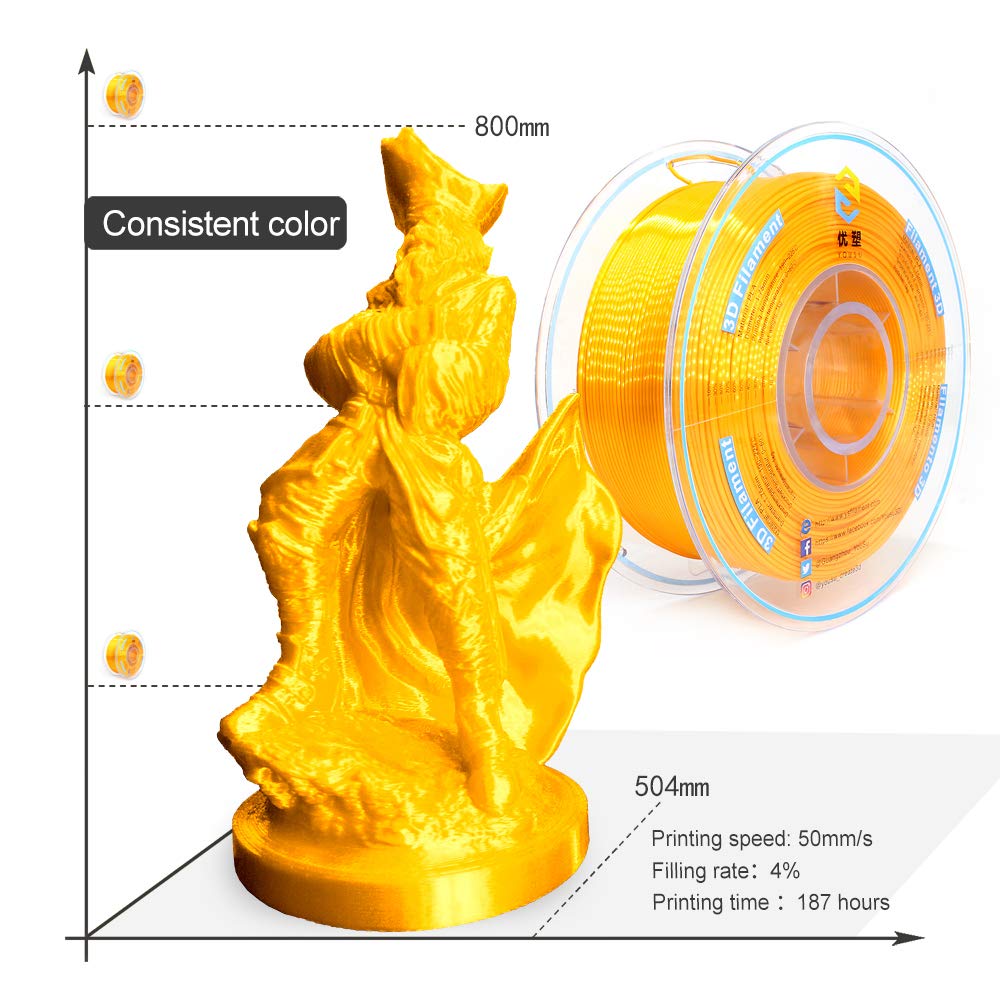 Tangle Free, Pearlescent PLA 3D Filament with Gorgeous Surface by Yousu, Gold, 1.75mm 1kg, Strong bonding and Overhang Performance. Compatible with Most of 3D Printer.