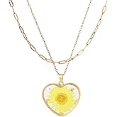 Lit Wall Birth Flower Necklaces for Women Gold 2Pcs 18K Gold Plated Handmade Pressed Flower Necklace Heart Shaped Birth Month Flower Necklace Flower Pendant Necklace Birthday Gifts for Women