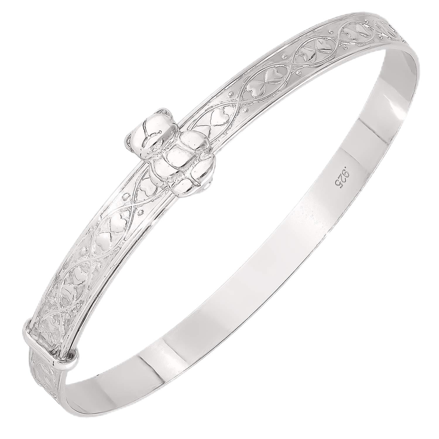 Dolce Valentina - Baby Bangle - Sterling Silver Bangle with Hearts and Sliding Teddy, New Baby Gifts & Christening Gift, Baby Bracelet (0-3 Years)