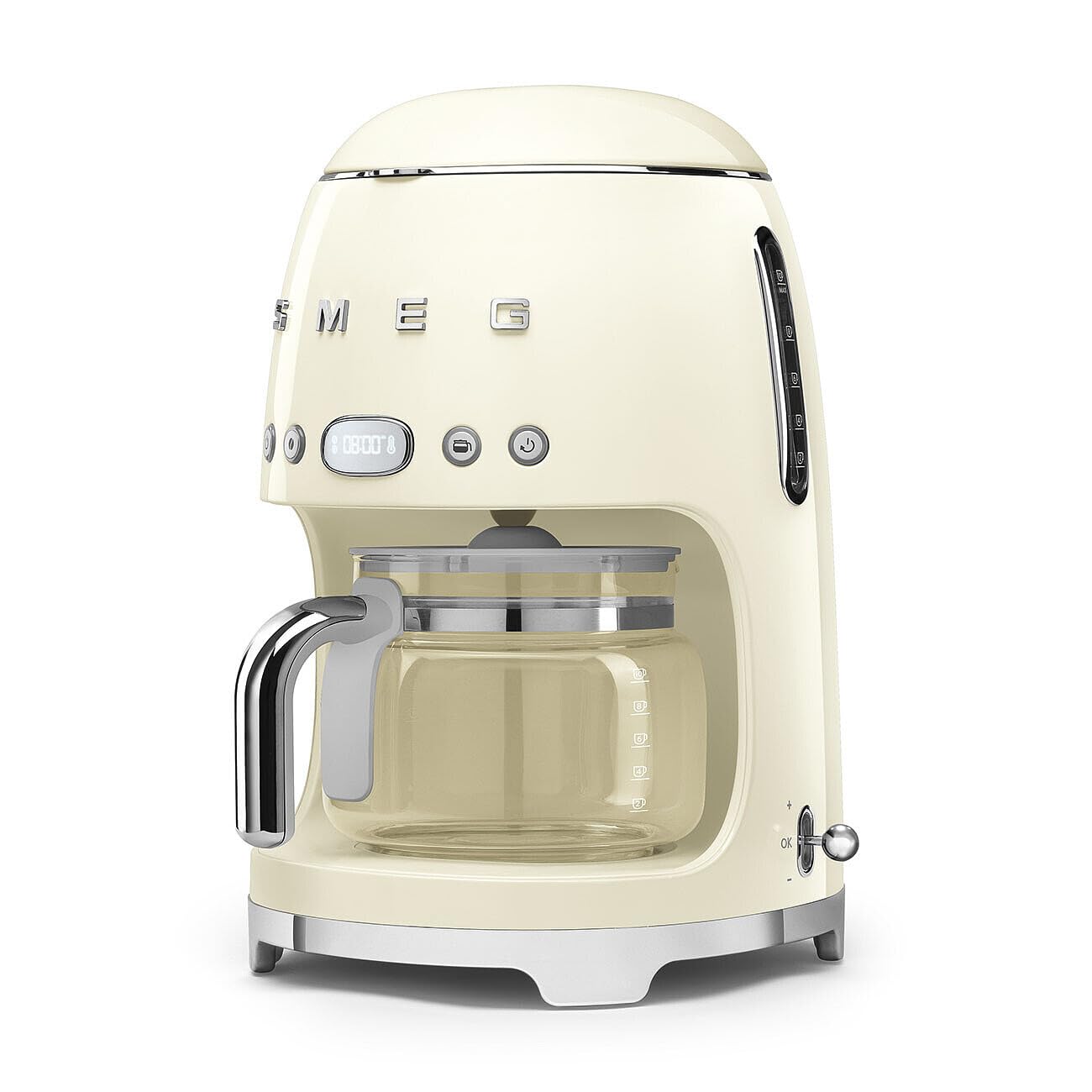 Smeg Cafetera de goteo estética de estilo retro de los años 50 con jarra de vidrio para 10 tazas, función de inicio automático, plato para mantener caliente y dos configuraciones de intensidad del café (crema)