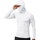 RIKUAOU Men's Compression Shirt Hoodie with Mask, Long Sleeve Athletic Base Layer Top, Cool Dry Workout Sports Undershirt