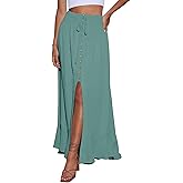Minclouse Women's Elastic Tie Waist Button Down Maxi Skirts Casual Loose Flowy Swing Slit Front Dress