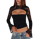 Women's Black Floral Lace Mesh See Through Crop Top Sexy Sheer Long Sleeve Hollow Out Blouses Cutout Y2K Slim Fit Shirt