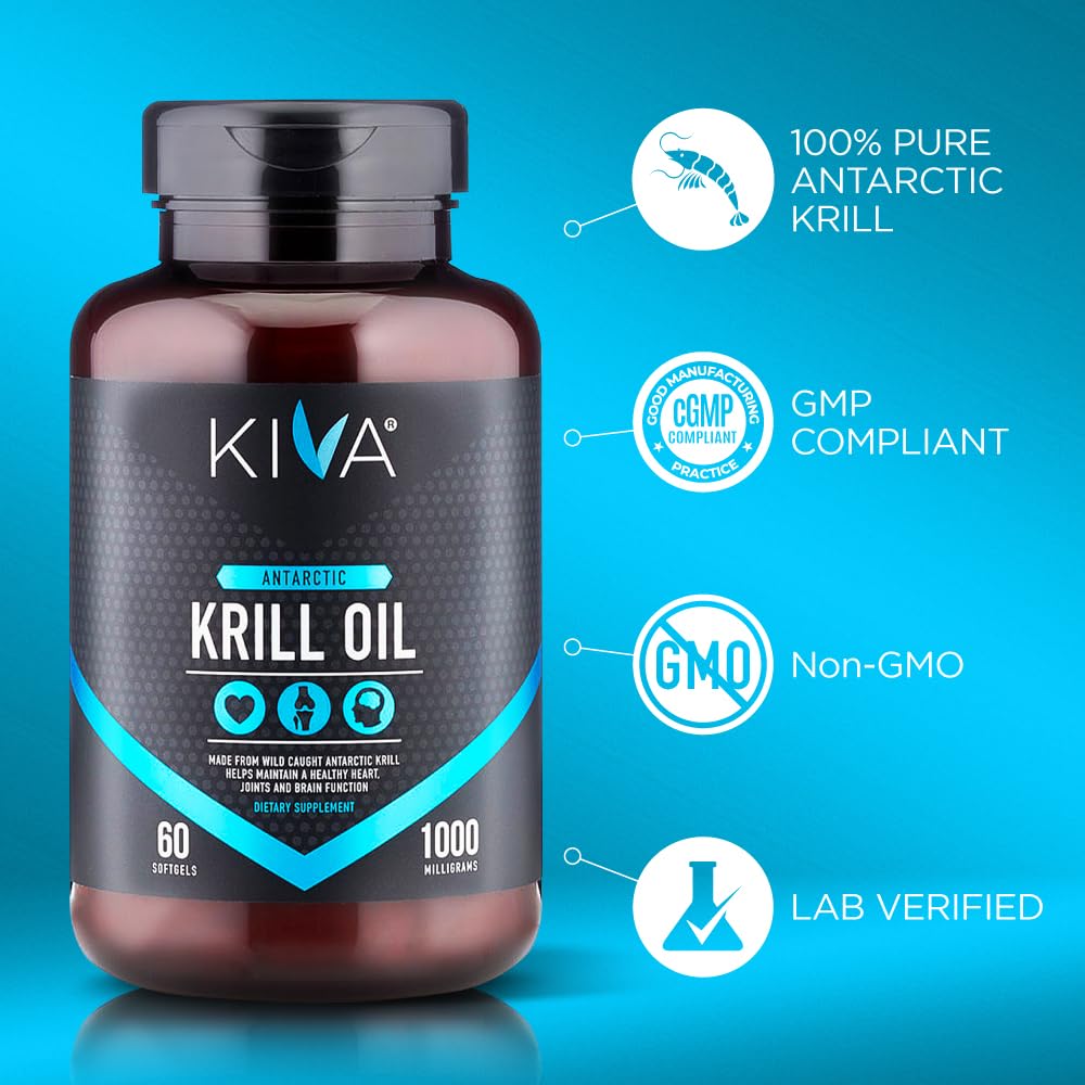 Kiva Antarctic Krill Oil - Sustainably Wild-Caught Krill (60 Softgels) - 1000mg, Rich with Omega-3 Fatty Acids, EPA, DHA and Astaxanthin, No Fishy Aftertaste, 3rd Party Tested, BPA-Free Bottle