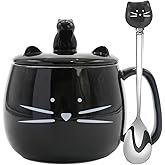 Koolkatkoo Ceramic Cat Mug - Black Ceramic Coffee Cup, Coffee Mug with Lid and Spoon, Cute Kitty Design with Phone Holder, Gifts for Women Cat Lovers