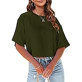 Tankaneo Women Half Sleeve Cropped T-Shirts Drop Shoulder Round Neck Crop Tops Casual Summer Solid Color Basic Tees