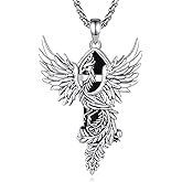 Vito Silver Plated Copper Phoenix Necklace for Women Men, Obsidian Turquoise Amethyst Phoenix Pendant Hexagonal Prism Crystal Protection Energy Amulet Jewelry Gift for Mom Wife, 22“/24”