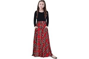 KYMIDY Girl Maxi Dress Kids Casual Buffalo Check Plaid Long Sleeve Dresses with Pockets(6-14yrs)