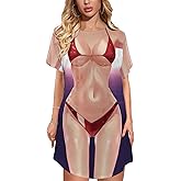 Kasopp Women's Funny Bikini Beach Cover Up Shirt Cute Short Sleeve Baggy Body Print Swimsuit Cover-Up T Shirt Dress