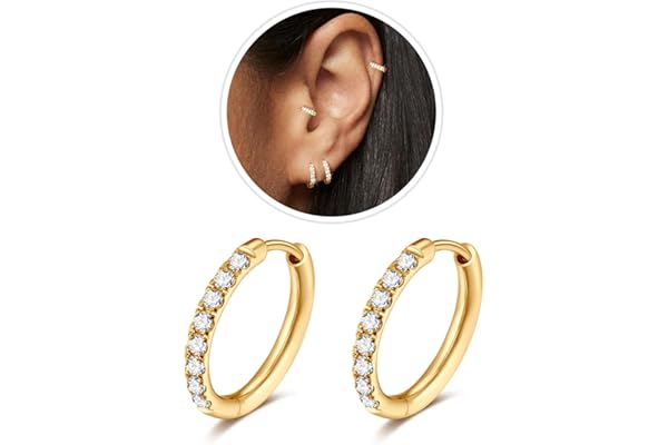 1 Pair Gold Small Hoop Earrings Cubic Zirconia Huggie Hoop Earrings,Hypoallergenic 14K White Gold Plated Cartilage Piercing Earrings Ear Cuff Tiny 8mm Hoop Earrings for Women