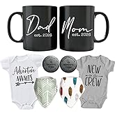 Pregnancy Gift Set - New Mom and Daddy Est 2026 11 oz Mug Set with "Adventure Awaits & New to Crew" Onesie 0-3 Months - Baby Changing Coin - Baby Bibs - Mom & Dad Gift Set for Expecting Parents to Be