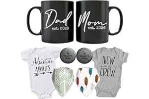 TIPIT DRINKWARE Pregnancy Gift Set - New Mom and Daddy Est 2026 11 oz Mug Set with "Adventure Awaits & New to Crew" Onesie 0-3 Months - Baby Changing Coin - Baby Bibs - Mom & Dad Gift Set for Expecting Parents to Be