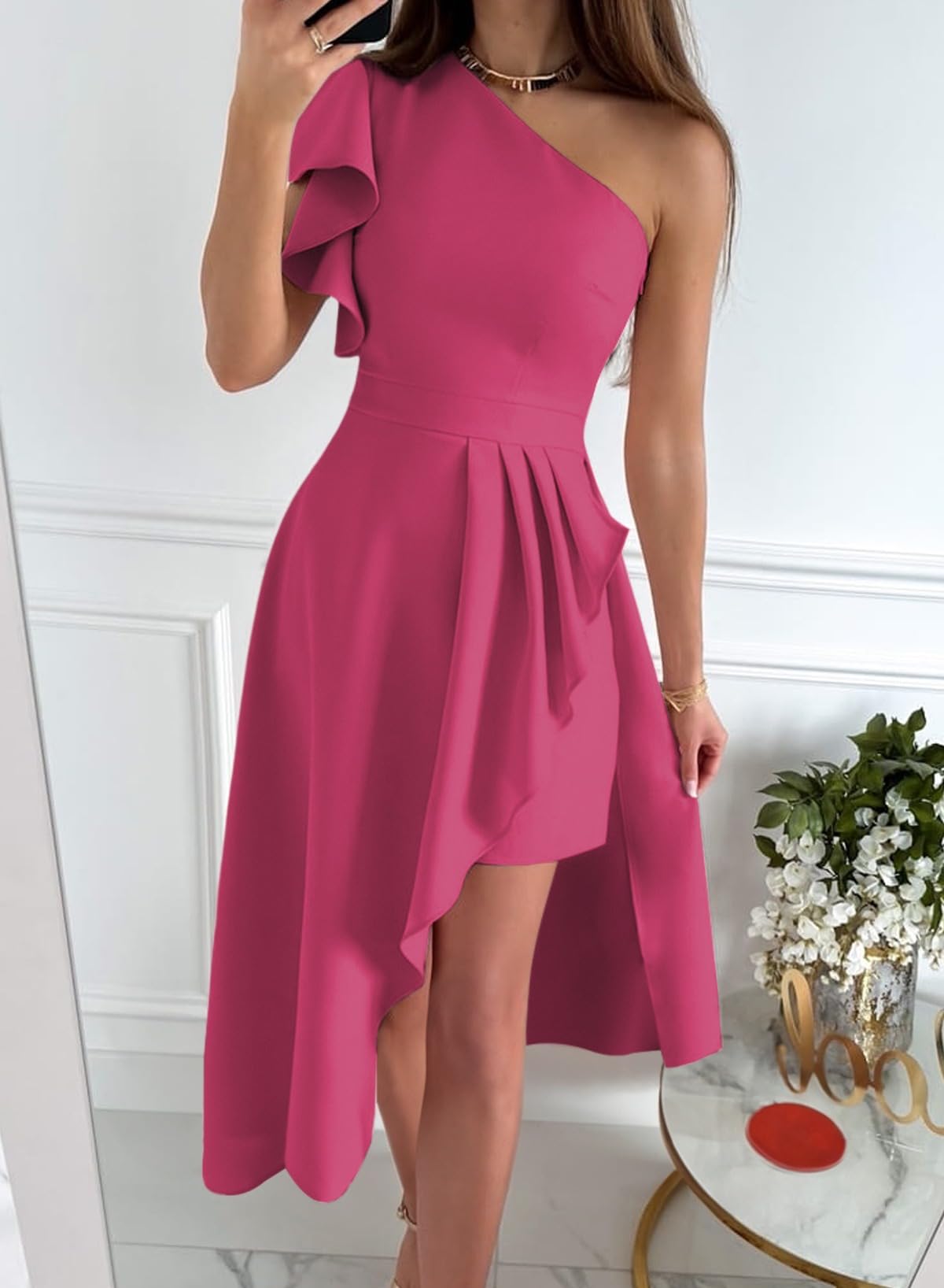 Dokotoo Womens Spring Fashion 2024 One Shoulder Sleeveless Elegant Formal Dresses Solid Color Mini Dress High Low Asymmetrical Hem Empire Waist Dress with Zipper Hot Pink Medium - Image 4
