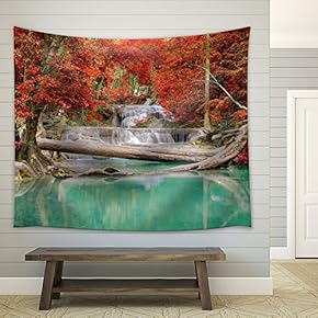 Waterfall Leading to a Teal Lake in a Forest During Fall Time - Fabric Tapestry, Home Decor - 51x60 inches