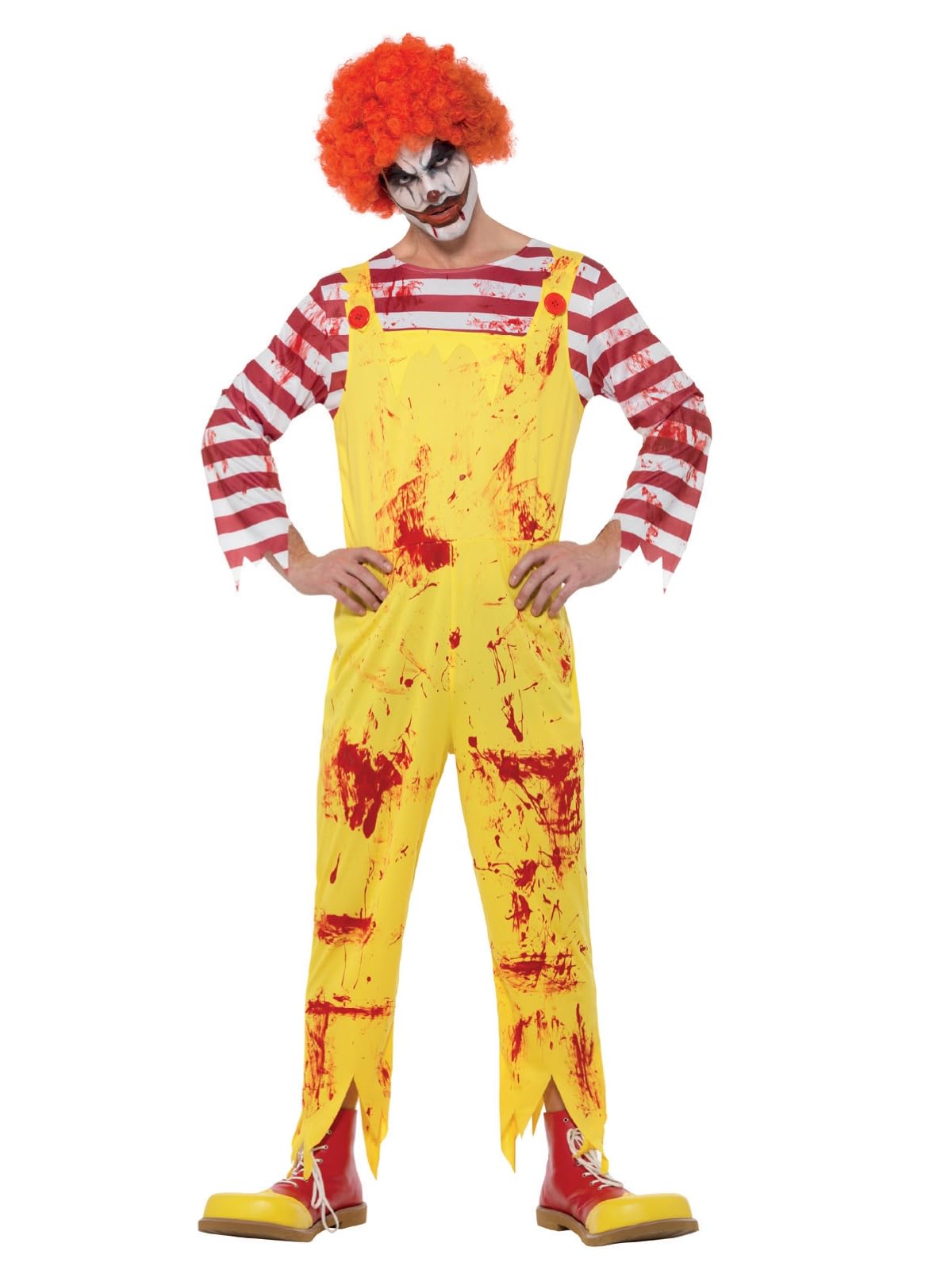 Smiffys Kreepy Killer Clown Costume, Yellow & Red with Jumpsuit, Halloween Cirque Sinister Fancy Dress, Clown Dress Up Costumes