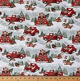 Cotton Red Trucks Christmas Tree Farm Trees Presents Gifts Dogs Winter Holiday Quotes Home for Christmas Cotton Fabric Print by The Yard (D400.32)
