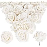 INSUNSIX 30pcs White Glitter Roses 2.56" Foam Glitter Flowers with Stems White Fake Roses Real Looking White Flowers for Bridal Shower Centerpieces Wedding Bouquet Table Decorations for Party (White)