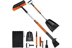 BLOCE Snow Shovel for Car Driveway, Adjustable Ice Scraper and Extendable 180° Pivoting Snow Brush with Foam Grip, Snow Removel Kits for Cars, Trucks, SUVs, Vehicle