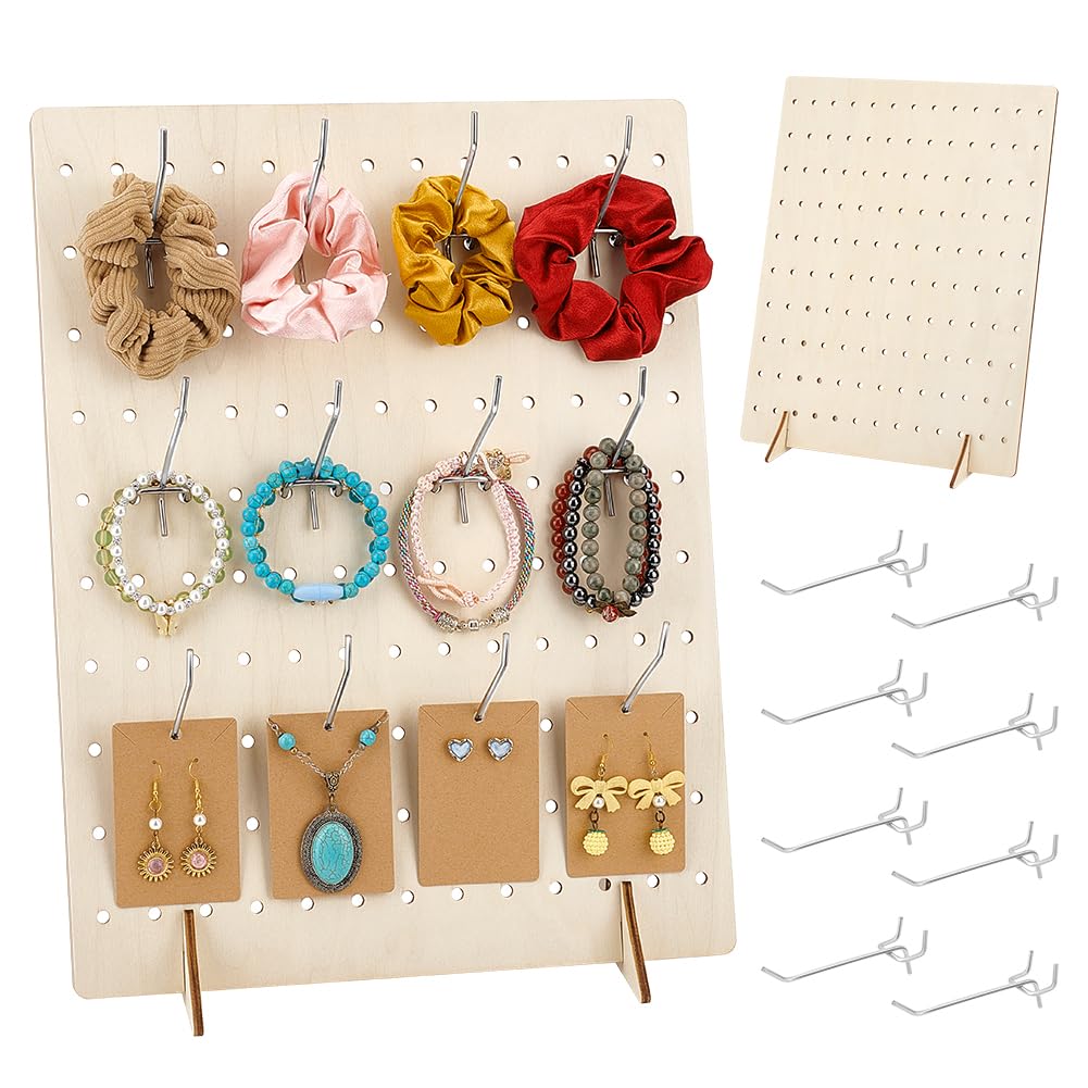 PH PandaHall 2 Pack Wooden Pegboard Display Stand with 30pcs Metal Hook Keychain Display Stand Retail Rack Peg Boards for Jewellery Vendor Event Selling Peg Board Accessories Rack Organizer 17x13 inch