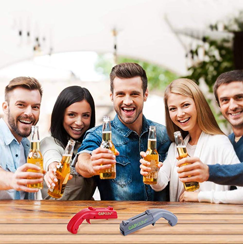 Cap Gun Beer Bottle Opener Launcher Shooter, Wisfun Creative Cap Gun Launcher Shooter Bottle Opener for Home Bar Party Drinking Game Interesting - Shoots Over 5 Meters (2 Pack, Red and Grey)
