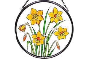 HENSITA Decorative Hand Printed Stained Glass Window Sun Catcher/Roundel in a Daffodils Design.