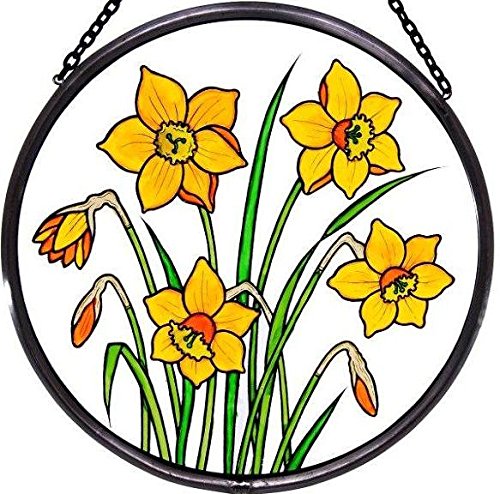 Decorative Hand Painted Stained Glass Window Sun Catcher/Roundel in a Daffodils Design.