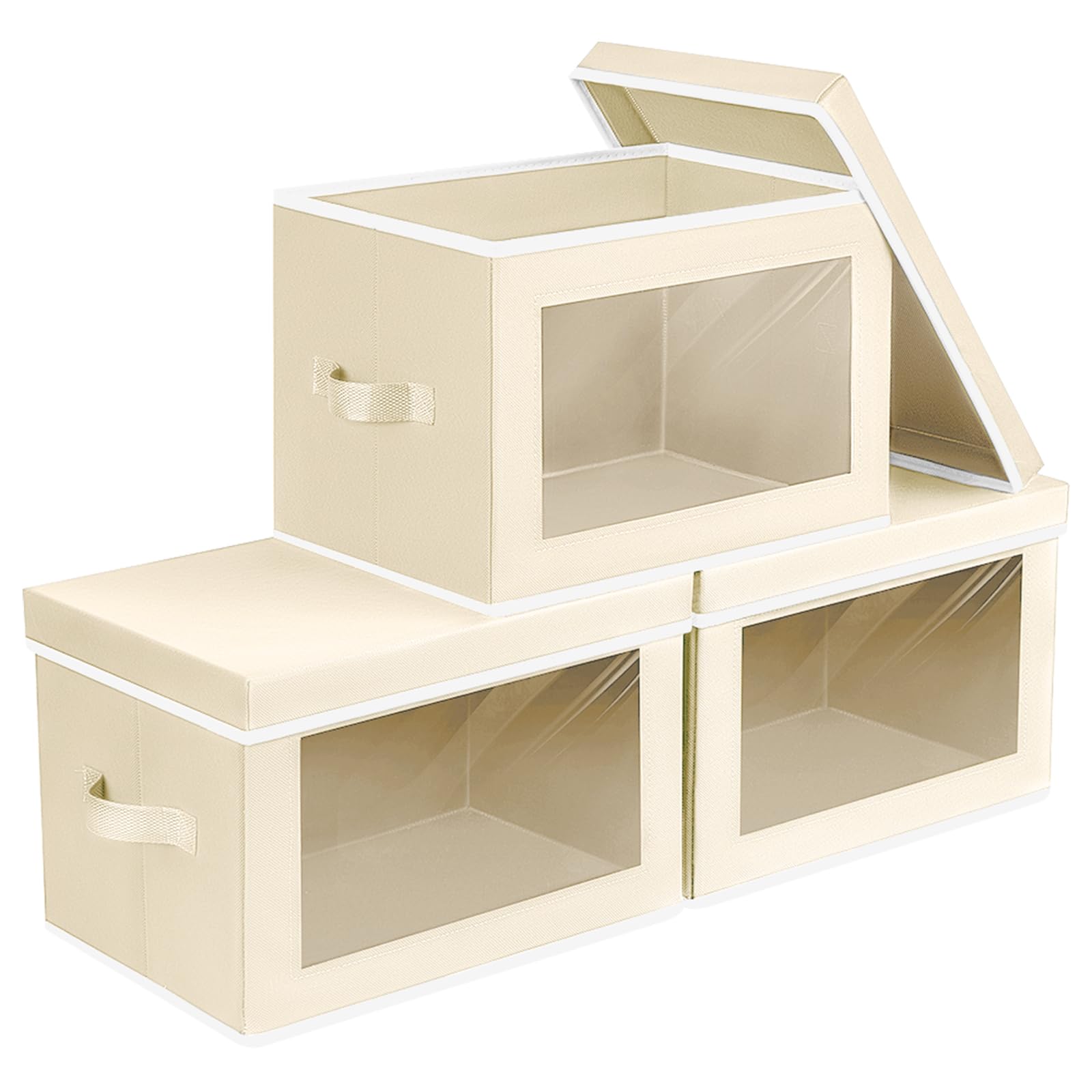 Homsorout Storage Boxes with Lids - 3 Pack Fabric Clear Window Storage Bins, Collapsible Storage Bins with Lids, Linen Closet Organizer for Clothes, Towel, Blanket, Beige
