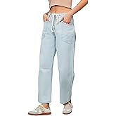 Ladyful Striped Barrel Jeans Women High Waisted Baggy Jeans Wide Leg Denim Pant with Eyelet Drawstring
