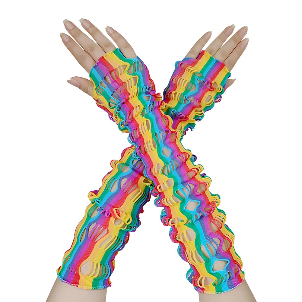 XGOPTS Women Rainbow Hollow Out Fun Fishing Net Gloves, 1 Pair Fingerless Rainbow Hollow Out Long Gloves for Halloween Cosply Party Costume Accessory
