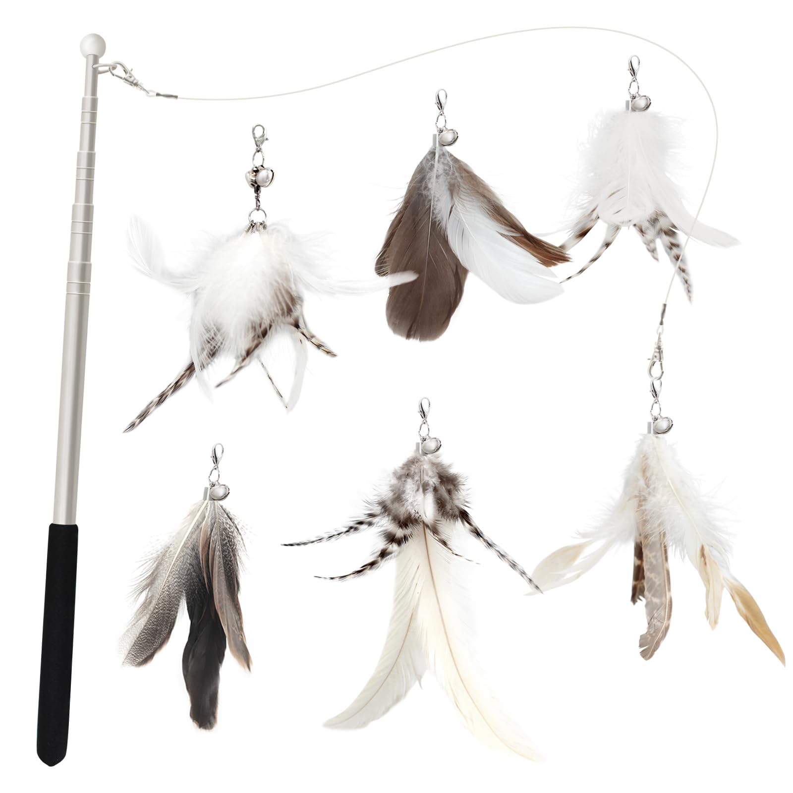 SONGWAY Cat Toy Feather Wand - 7 Pcs Interactive Cat Toys for Indoor Cats Kitten, 1 Retractable Teaser Wand With 6 Natural Feather Refills, Cat Fishing Rod Toys
