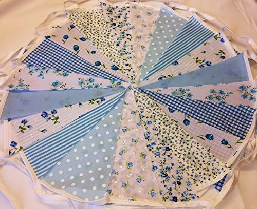 Fabric Bunting 12 metres 40ft Pink Floral Gingham Wedding Bunting single sided (Wedding Blue)