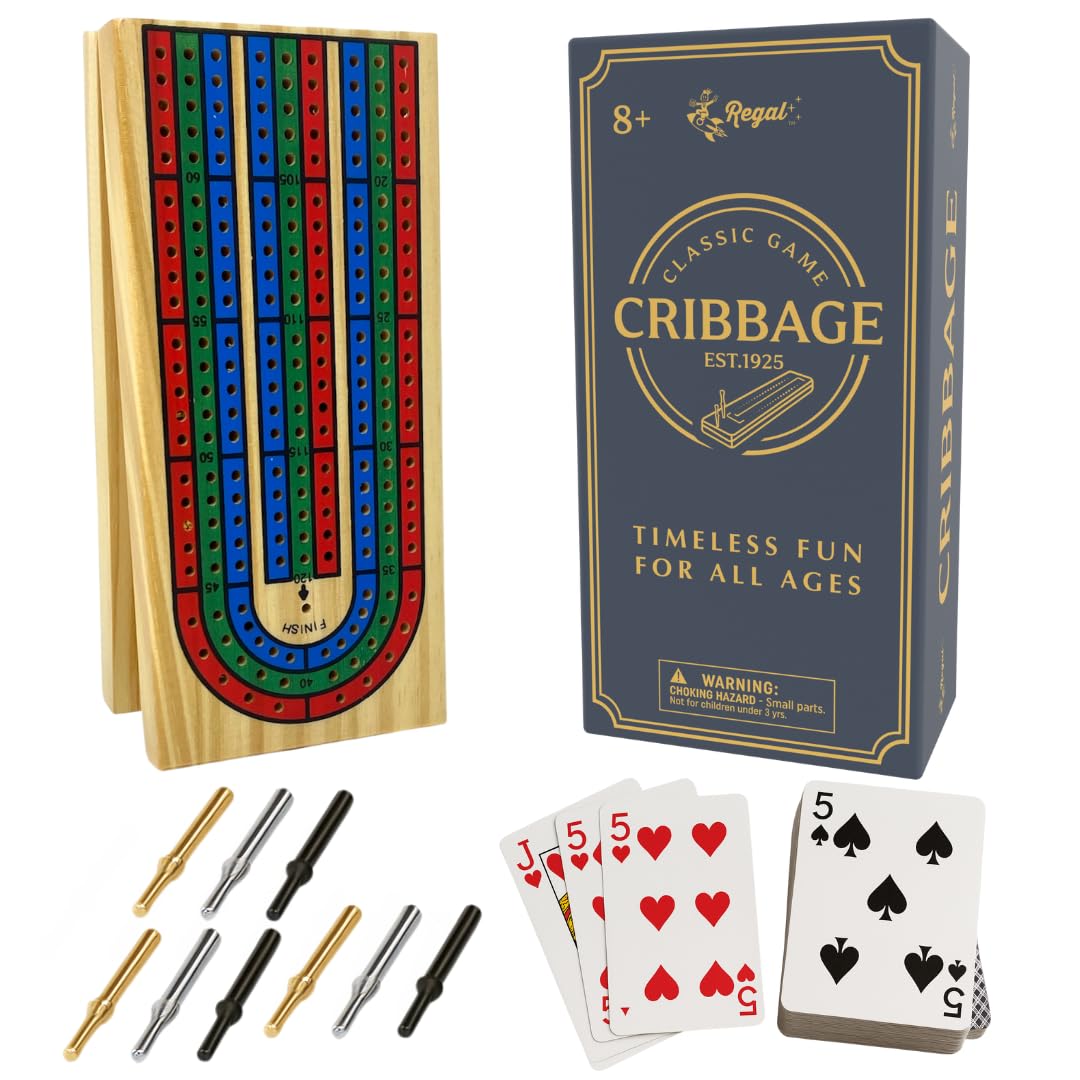 Photo 1 of Regal Games Cribbage Board Game Set w/Storage - Fun Table Game with Wooden Board for Adults & Kids - 9 Metal Pegs, Deck of Playing Cards & 2-4 Player Games - Ideal for Game Night, Travel (Ages 8+)