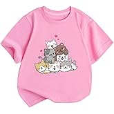 KEEVICI Cute Cartoon Cat Shirts for Girls Kids Graphic Tees Kawaii Animal Pattern T Shirt Cotton Crewneck Summer Loose Tops