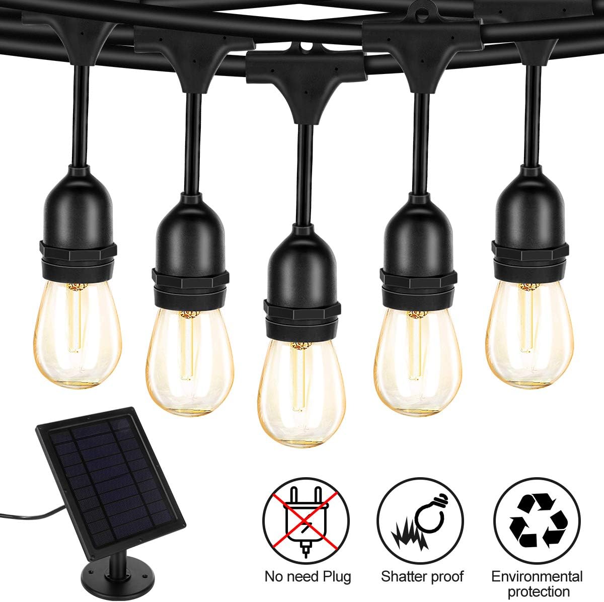 Fule Solar Outdoor String Lights,Heavy Duty S14 Led String Light 48Ft,15 Hanging Sockets,1W