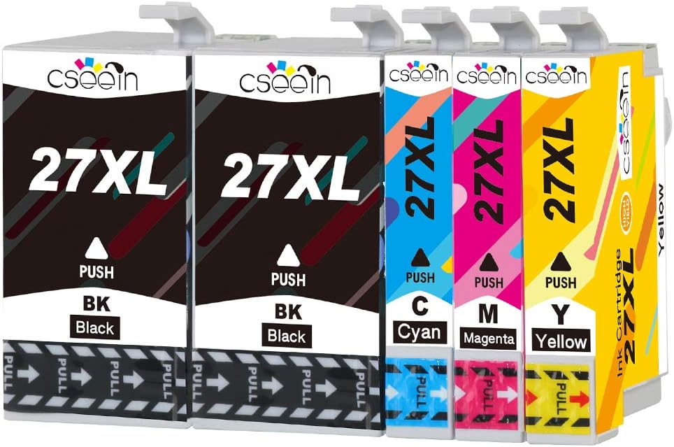 Cseein 5pk Compatible 27XL Ink Cartridges with New Updated Chip High Capacity Replacement for Epson Workforce WF 3640 7610 3620 7620 7110 Printers (2 Black 1 Yellow 1 Magenta 1 Cyan)