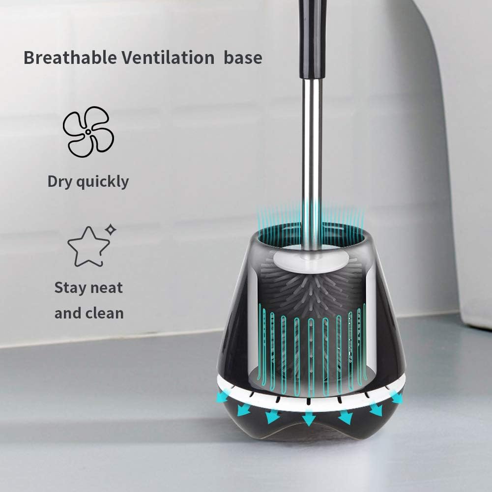 MEXERRIS Toilet Brush and Holder Set Stainless Steel with Soft Silicone Bristle, Sturdy Cleaning Toilet Bowl Cleaner Brush Set for Bathroom Storage Organization - Tweezers Included (Black): Kitchen & Dining