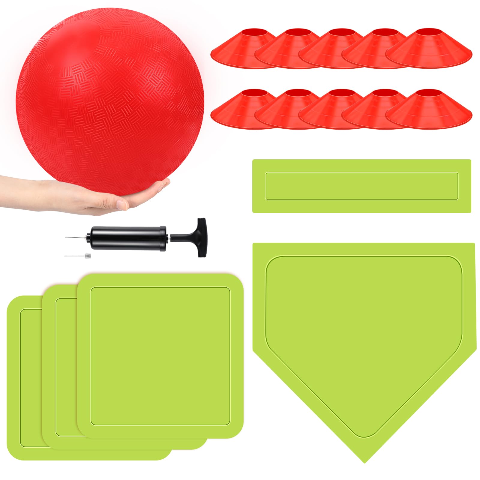 Photo 1 of (USED/FAIR) Hiboom 16 Pcs Sports Kickball Set Includes 10 Inches Playground Ball 5 Rubber Throw Down Bases Ball Pump 10 Foul Line Cones for Kids Adults Playground School Backyard Game Camps Picnic (Green)