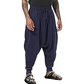 PACEIADTA Men Elastic Waist Harem Pants Loose Drawstring Drop Crotch Trousers (Small, Blue-1)