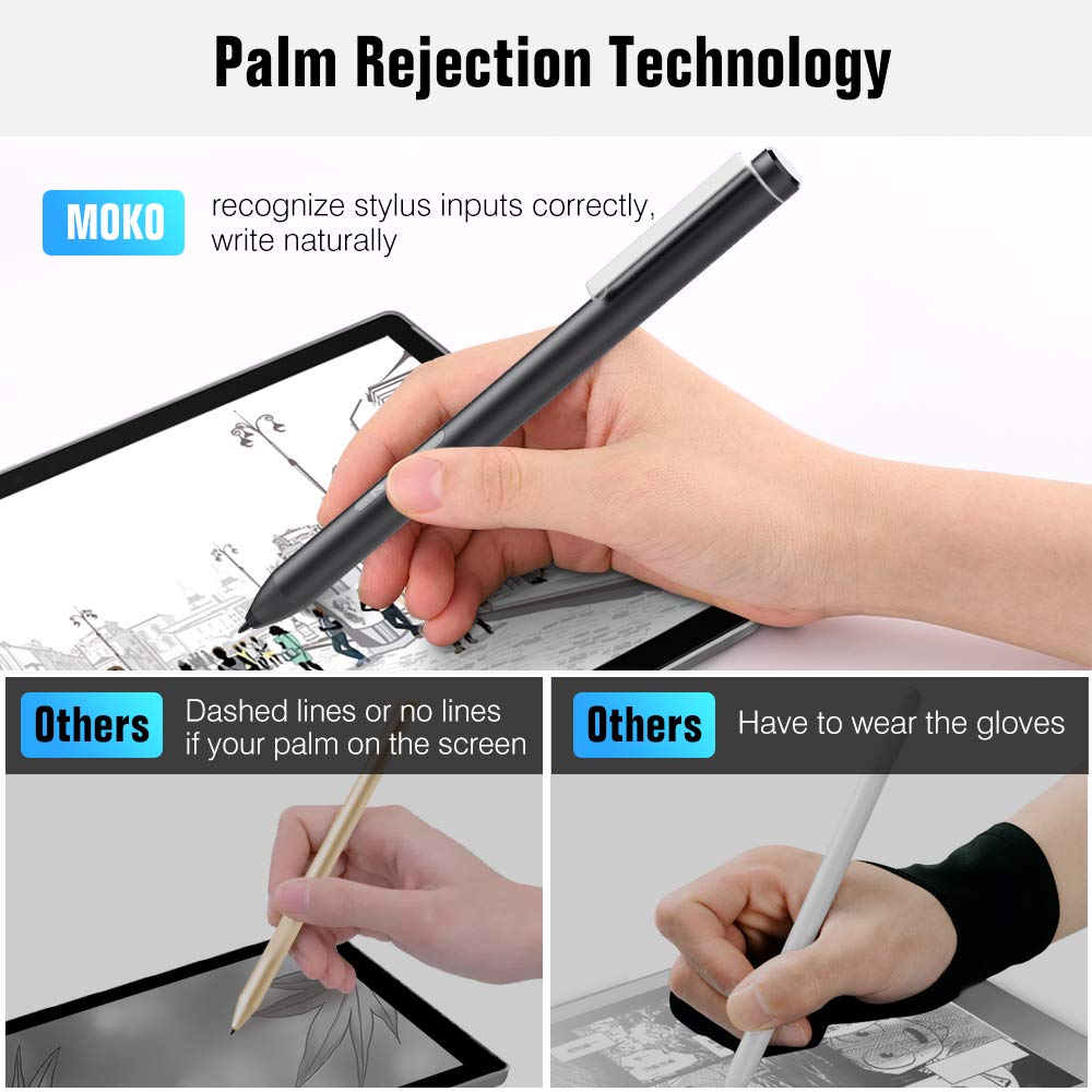 MoKo Stylus Pen Fit Surface, Active Stylus Pen with 4096 Pressure Sensitivity Supporting 600hrs Playing Time Compatible Surface Go 2/Go/Book/Laptop/Studio, Surface Pro 4/5/6/7/X 2019, Black