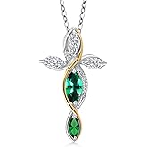 Cross Necklace For Women In 925 Silver and 10K Yellow Gold Rainforest Topaz and Lab Grown Diamond and Nano Emerald | 1.42 Cttw | Jesus Christian Religious Crucifix | Marquise 8X4MM | 18 Inch Chain