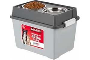 IRIS USA Elevated Dog Bowls, 15" H Raised Bowl for Large Dogs, Airtight Pet Food Storage Holds Up to 47 Lbs, 2 Removable 64 oz Stainless Steel Bowls, at Home or Camping, Dark Gray