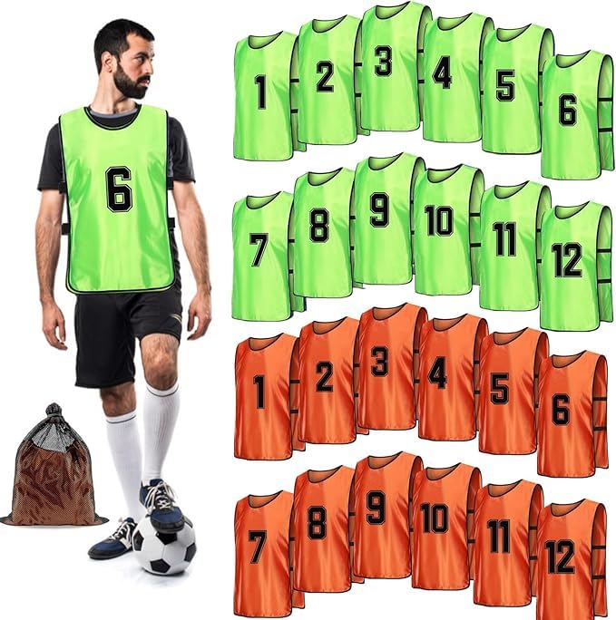 24 Pack Soccer Pinnies Numbered 1-12 Scrimmage Training Vests in 2 Vibrant Colors, Team Practice Jerseys for Adults Youth Soccer Basketball Football Volleyball Sports - Orange & Green