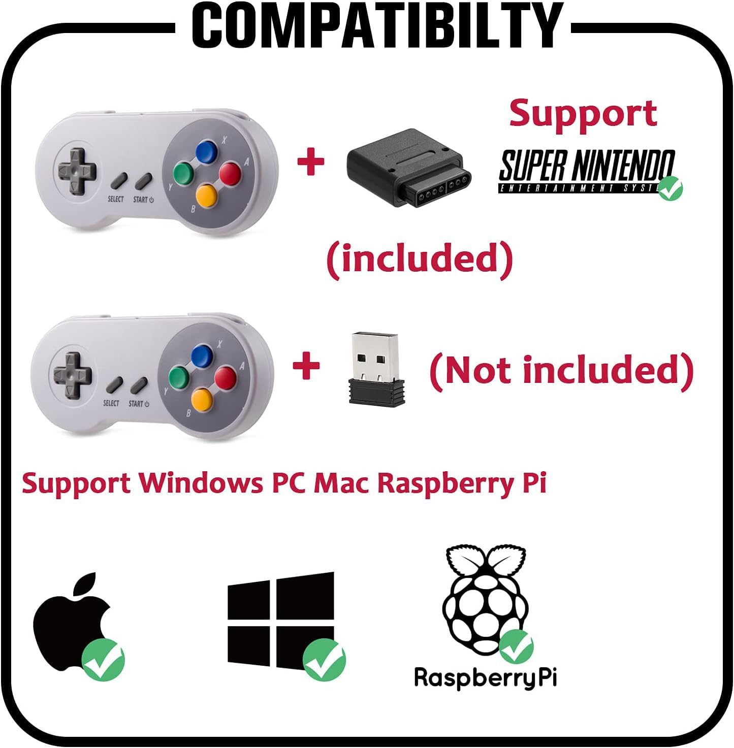 KIWITATA 2 Pack Wireless Controller for SNES Original Console, 2.4GHz Rechargeable Wireless SNES Remote Gamepad for SNES Nintendo Entertainment System Console-7 Pin Connector