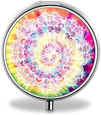 ONSPACE Portable 3 Slots Medicine Box, Round Compartment Unique Design Silver Metal Pill Box for Pocket/Purse/Travel Medicine Case, Small Vitamin Box-Tie Dye Mandala