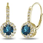 Sterling Silver London Blue Topaz & White Topaz Round Dainty Halo Leverback Drop Earrings for Women