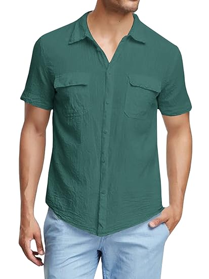 Shelers Herren Vintage Stehkragen Kurzarm Leinenhemd Weiß Khaki Dunkelblau 100% Leinen Freizeithemden Herren Sommerhemden für