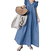 utcoco Womens Long Denim Dress Casual Loose Fit Ruffle Sleeveless V-Neck Jean Maxi Dresses for Women 2025