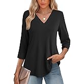 JUSTFASHIONNOW Womens 3/4 Length Sleeve Tops V Neck Split Tunic Tops Flowy T Shirts Summer 2026 Dressy Casual Blouses