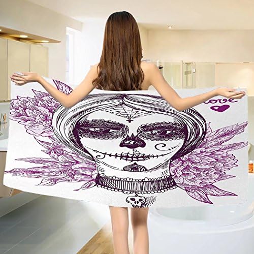 Day Of The Dead Bath towel Gothic Vampire like Dead Face Skull with Flowers Image Print Cotton Beach Towel Violet Purple and White (55"x28")
